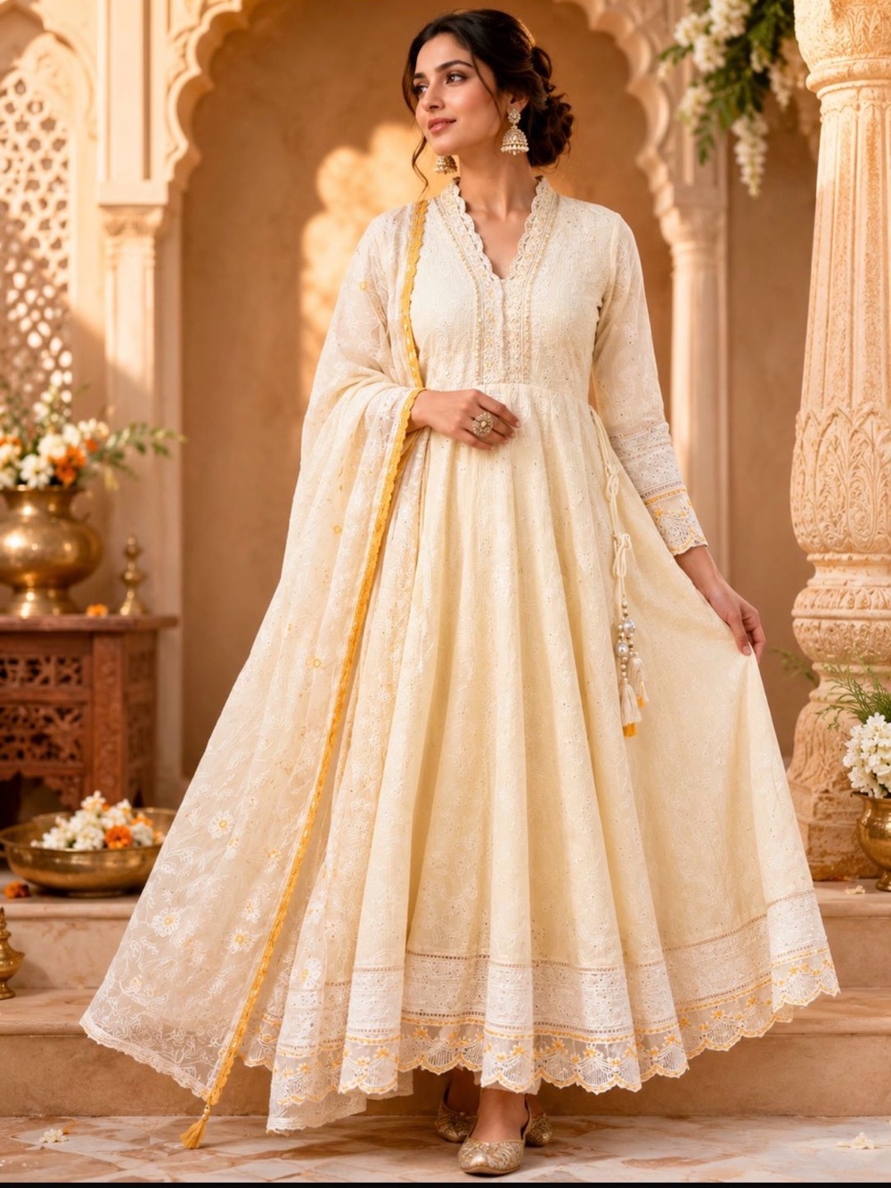 Ivory kota doria anarkali with lace work